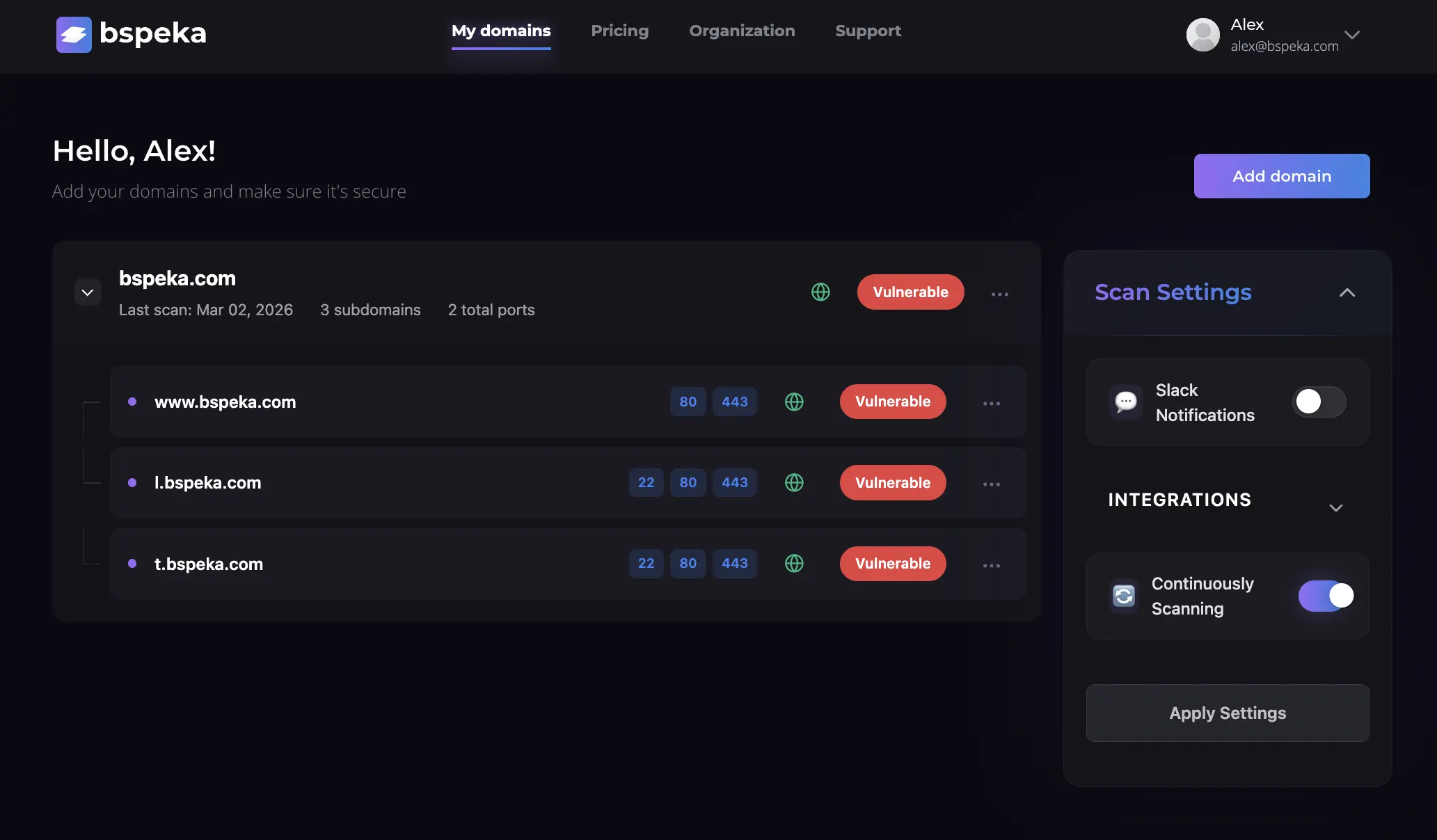 bspeka platform dashboard showing subdomain monitoring and vulnerability detection